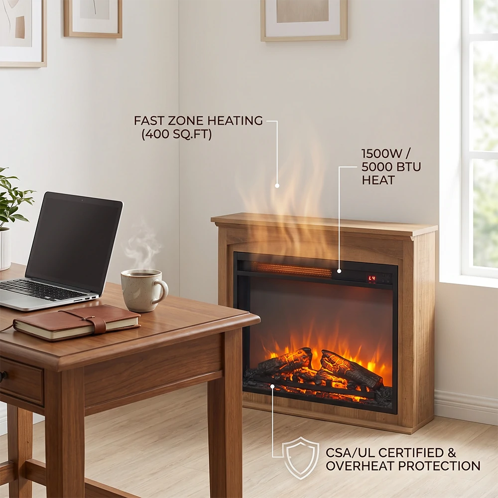 1500W Fast Zone Heating Electric Fireplace Heater for Home Office (400 Sq Ft)