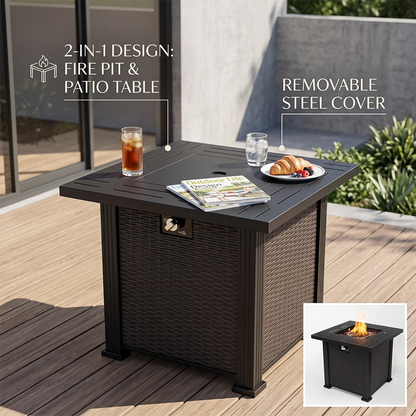 28-inch black propane fire pit table with removable steel cover on patio