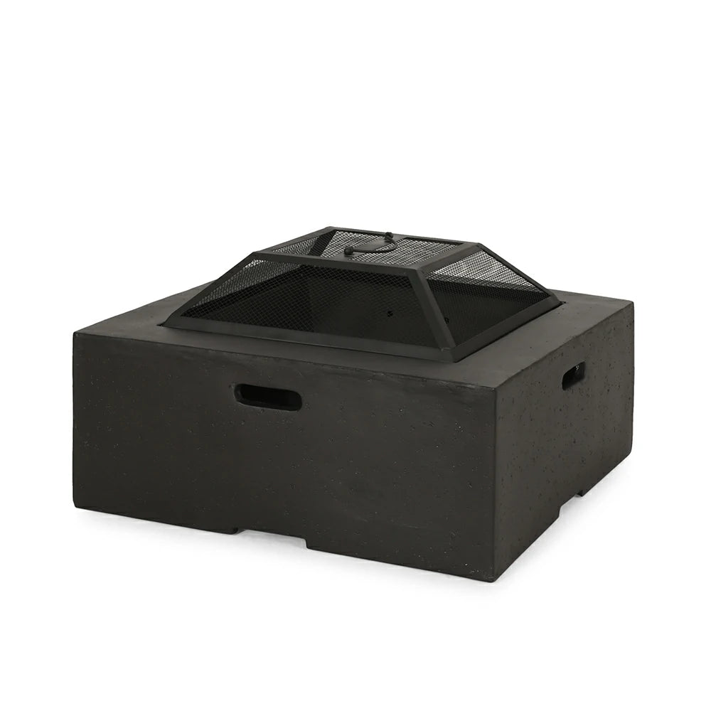 29-inch square dark gray concrete wood burning fire pit with spark screen