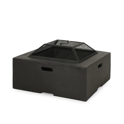 29-inch square dark gray concrete wood burning fire pit with spark screen