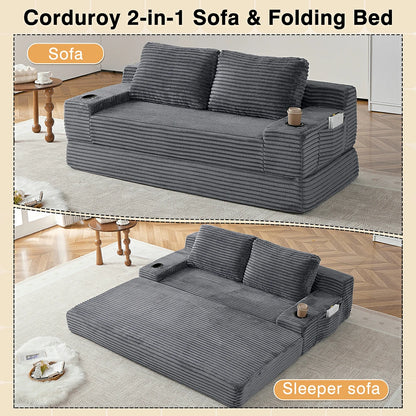 2 in 1 convertible corduroy sofa and folding floor bed for living room