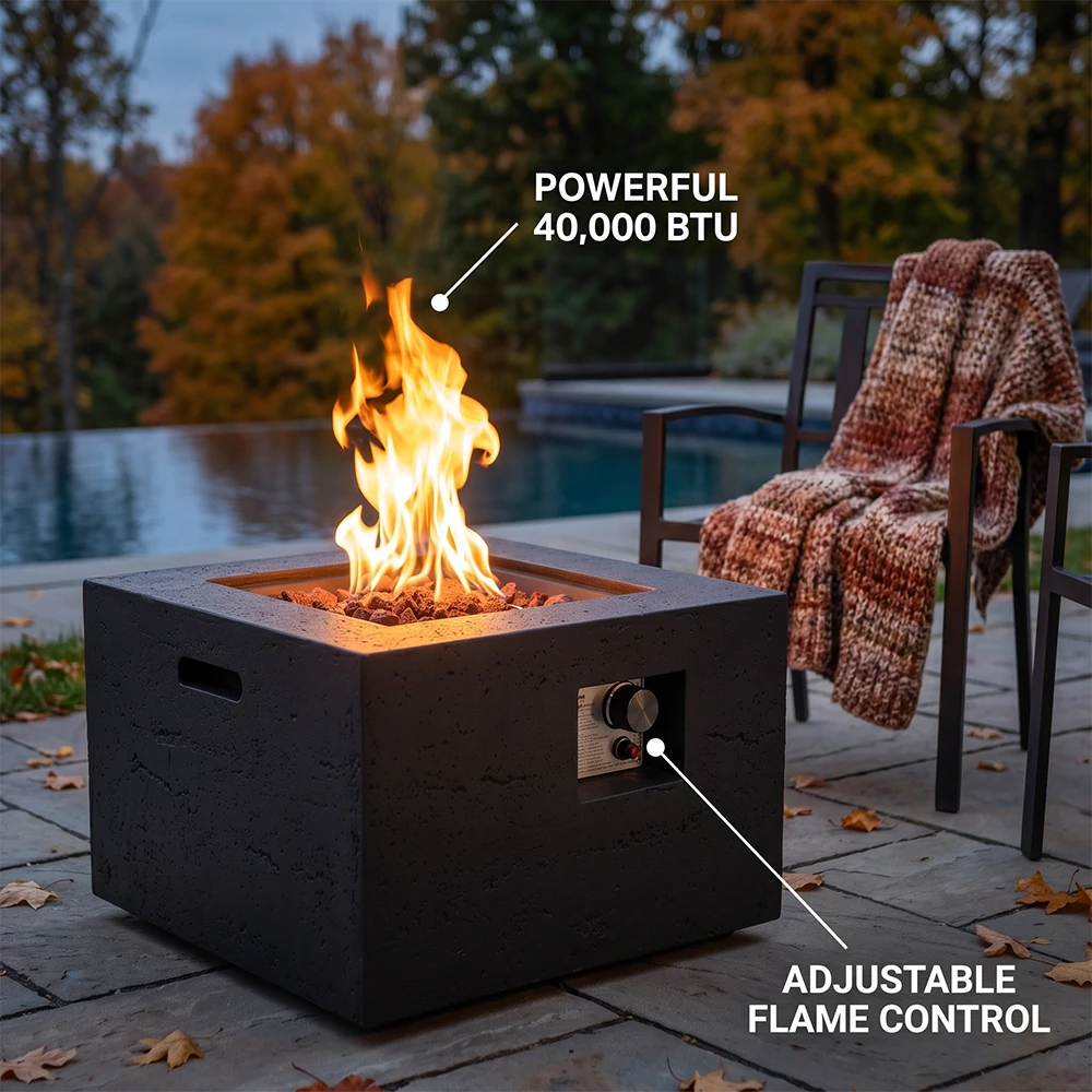 40000 BTU black fire pit table burning with adjustable flame by the pool