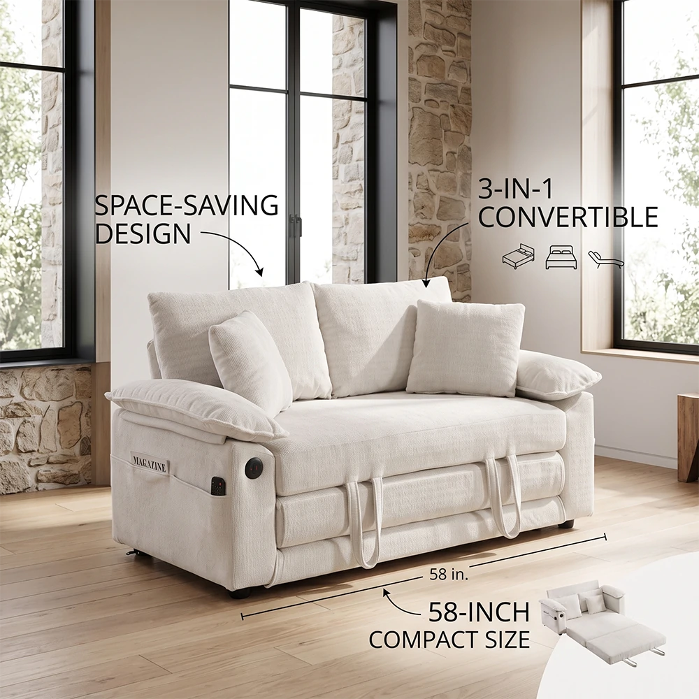 58 inch cream white convertible sofa bed 3-in-1 space saving pull out loveseat for small apartments.