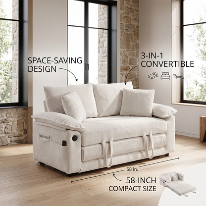 58 inch cream white convertible sofa bed 3-in-1 space saving pull out loveseat for small apartments.