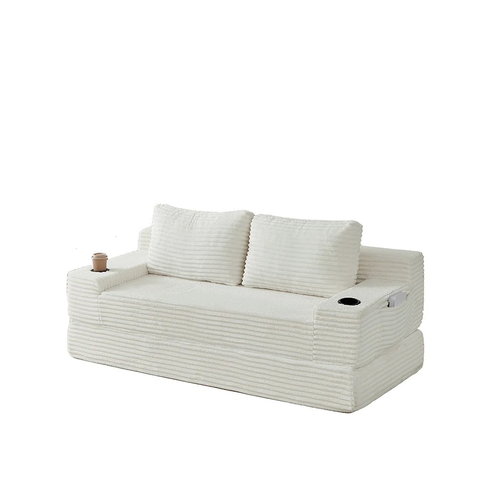 71 inch beige corduroy folding sleeper sofa couch with cup holders and side pockets