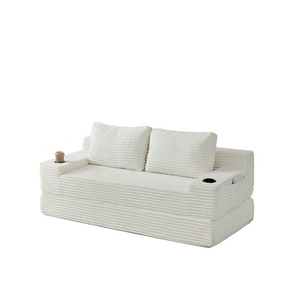 71 inch beige corduroy folding sleeper sofa couch with cup holders and side pockets