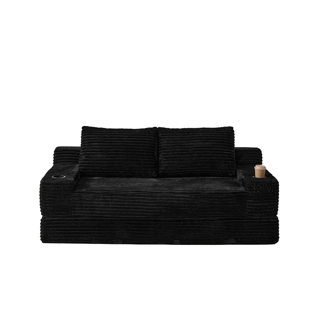71 inch black corduroy convertible sleeper sofa bed with cup holders and pillows.webp