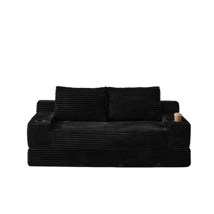 71 inch black corduroy convertible sleeper sofa bed with cup holders and pillows.webp