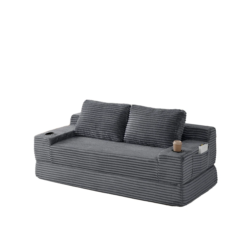 71 inch dark grey corduroy convertible sleeper couch with cup holders and side pockets