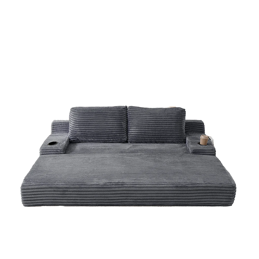 71 inch dark grey corduroy convertible sleeper sofa with cup holders and side pockets of front view