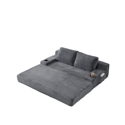 71 inch dark grey corduroy convertible sleeper sofa with cup holders and side pockets of side view