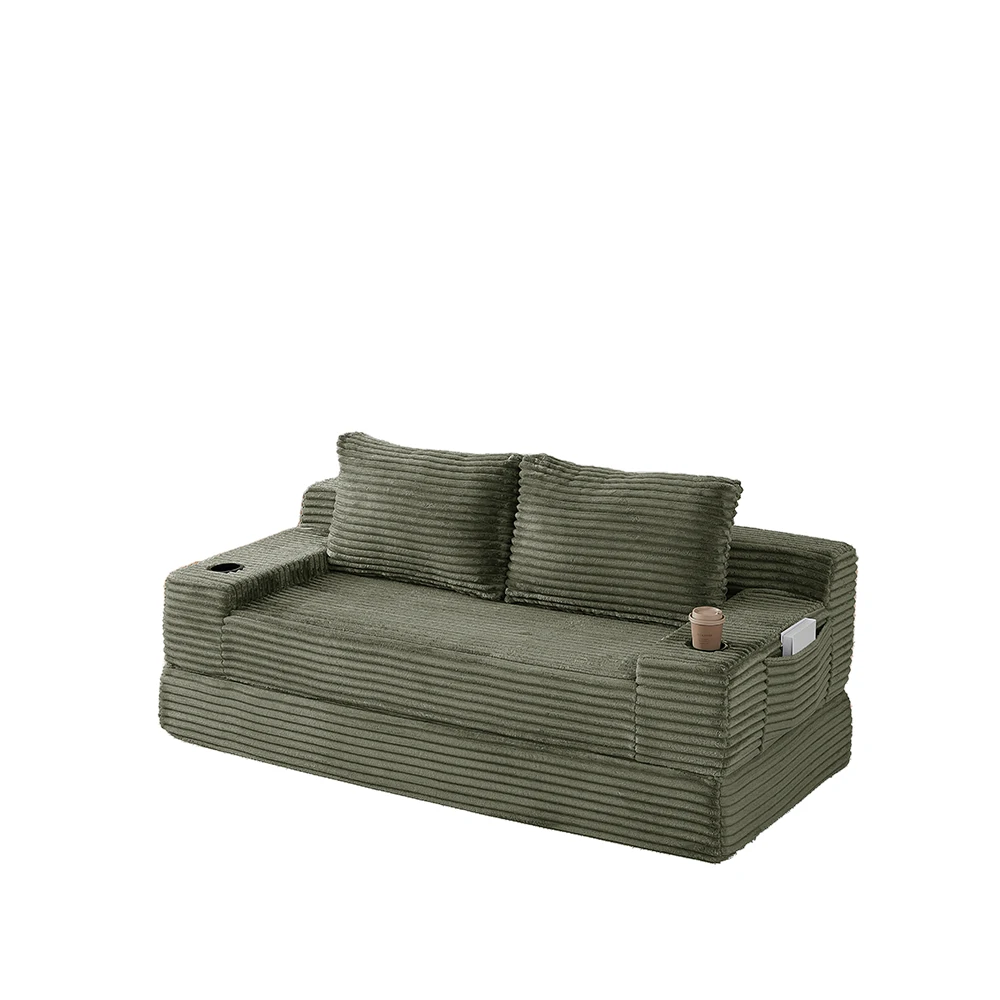 71 inch green corduroy convertible sleeper sofa bed with cup holders and side pockets.webp