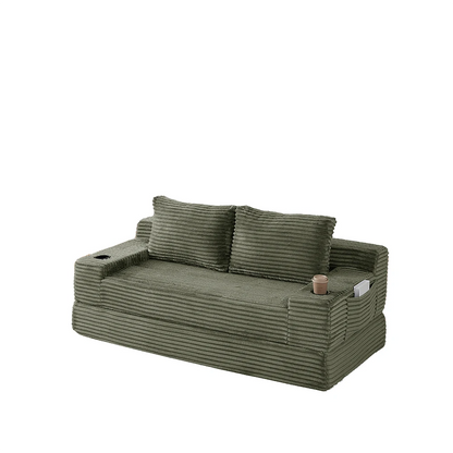 71 inch green corduroy convertible sleeper sofa bed with cup holders and side pockets.webp