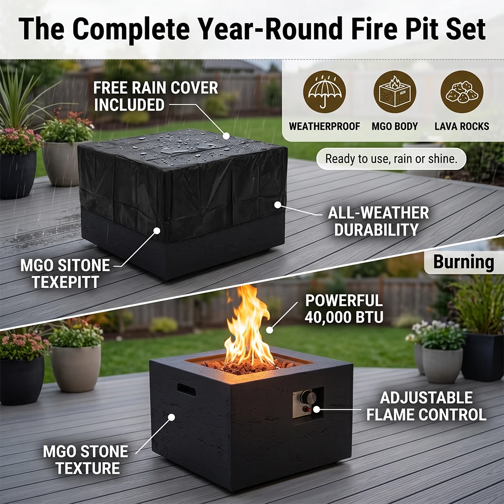 All-weather MGO propane fire pit with waterproof rain cover and lava rocks
