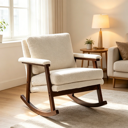 Antique White Mid-Century Modern Teddy Fabric Rocking Chair
