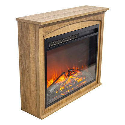 Antique Brown Electric Fireplace Heater with Mantel and Glowing Log Flame
