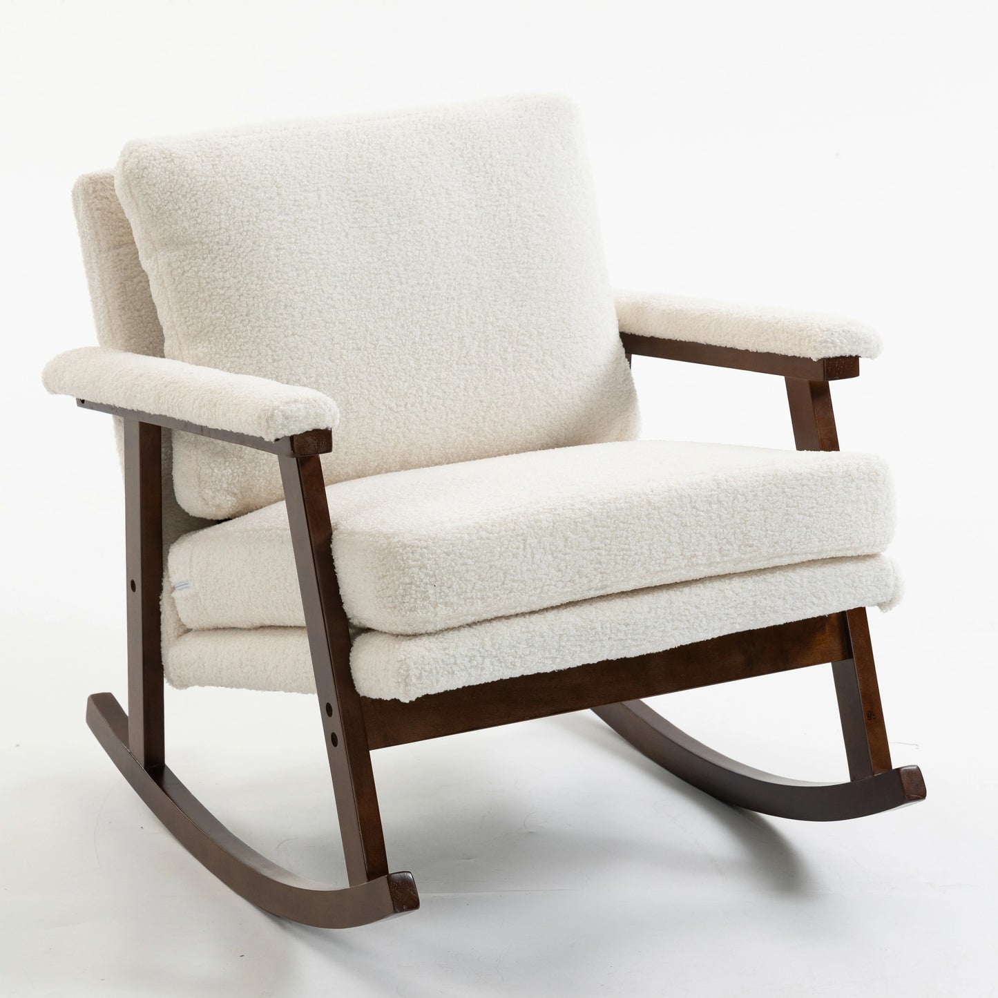 White teddy fabric rocking chair with dark walnut frame