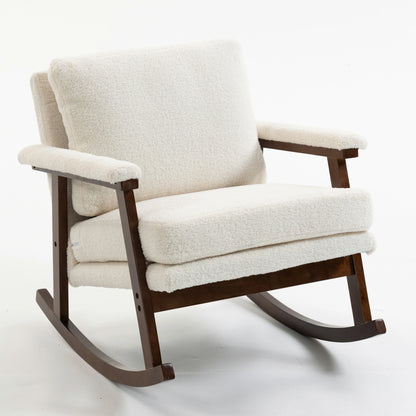 White teddy fabric rocking chair with dark walnut frame