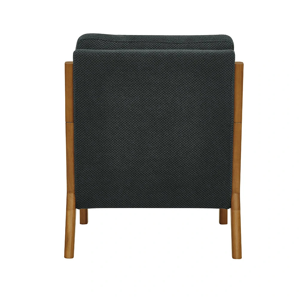 Back view Dark gray lounge chair with solid wood legs and lumbar pillow
