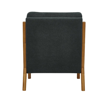 Back view Dark gray lounge chair with solid wood legs and lumbar pillow