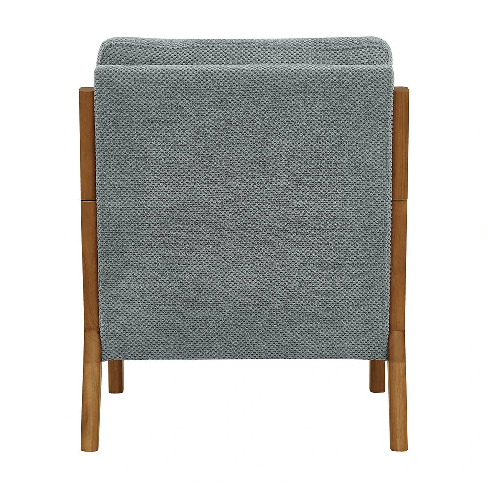 Back view Light gray lounge chair with solid wood legs and lumbar pillow