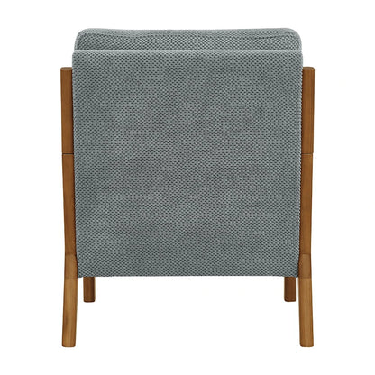 Back view Light gray lounge chair with solid wood legs and lumbar pillow