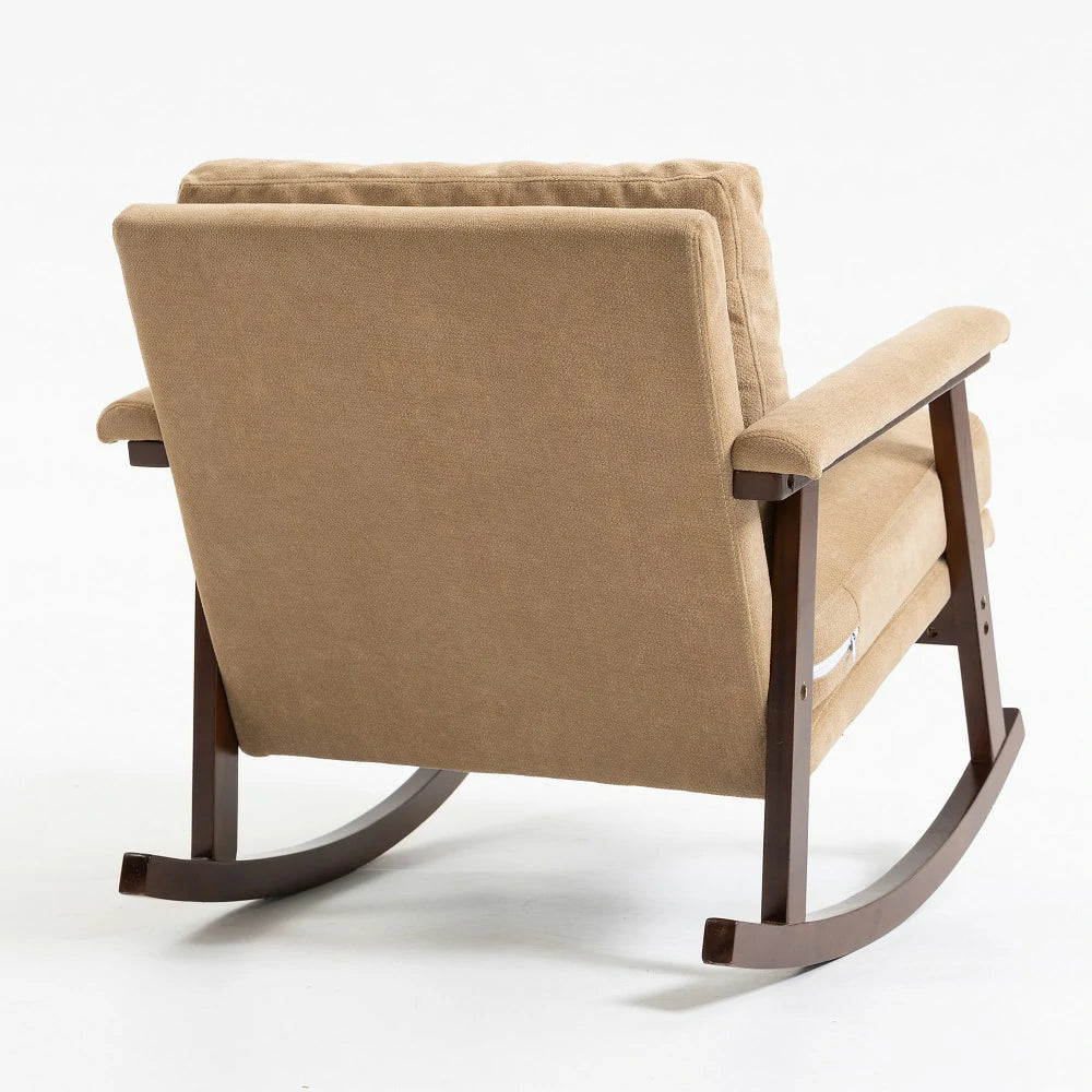 Back view of Khaki Cotton Linen rocking chair with solid wood frame