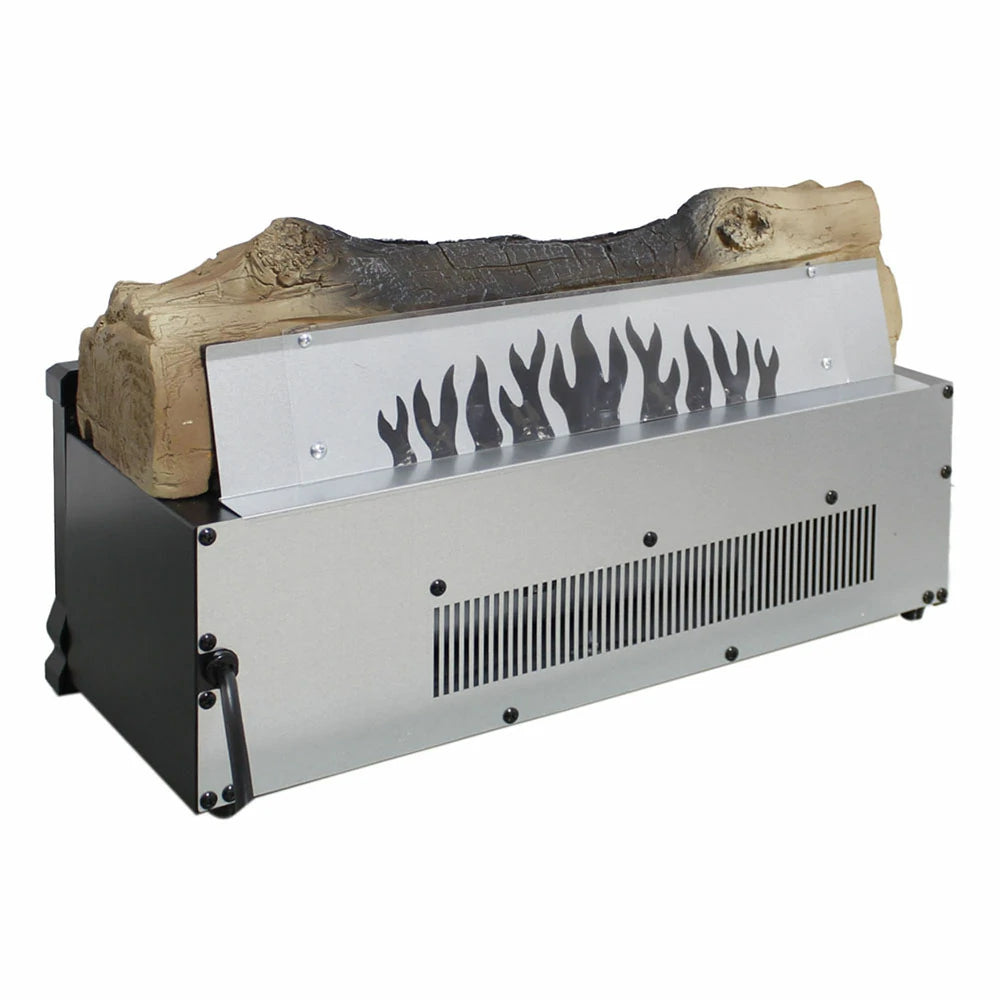 Back view of electric fireplace log insert displaying flame projection panel and rear ventilation slots
