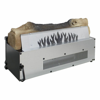 Back view of electric fireplace log insert displaying flame projection panel and rear ventilation slots