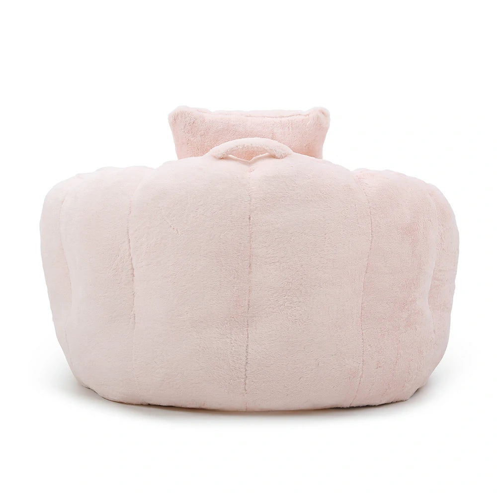 Back view of fluffy pink bean bag chair with top handle