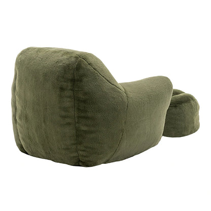 Back view of plush green armchair with ottoman
