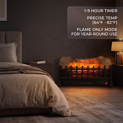 Bedroom night view of electric fireplace heater with 1 to 9 hour timer and flame only mode