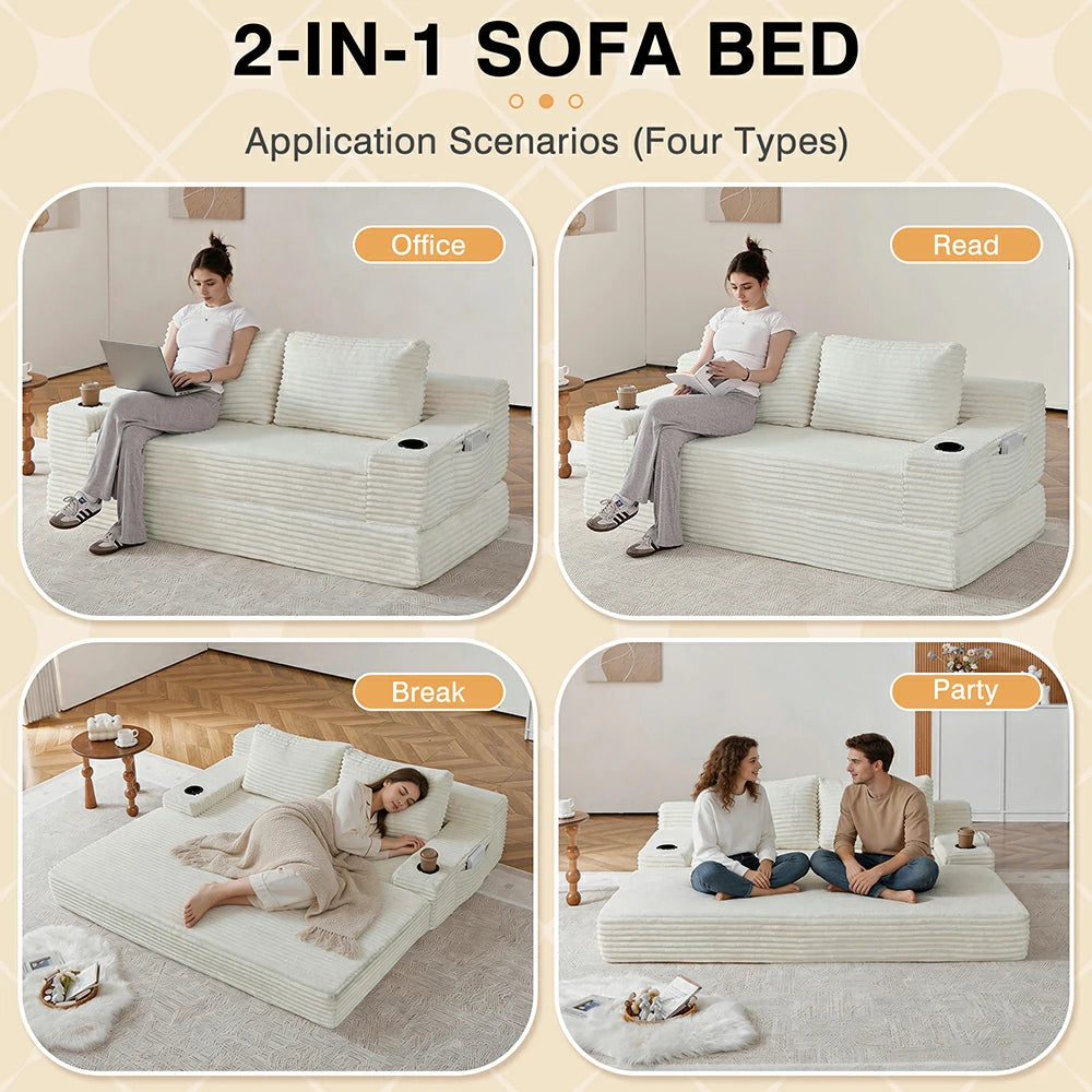 Beige corduroy 2-in-1 sofa bed shown in multiple scenarios including working, reading, sleeping, and casual entertaining