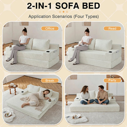 Beige corduroy 2-in-1 sofa bed shown in multiple scenarios including working, reading, sleeping, and casual entertaining