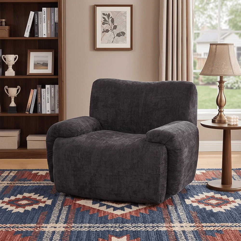 Black chenille accent chair in a modern living room
