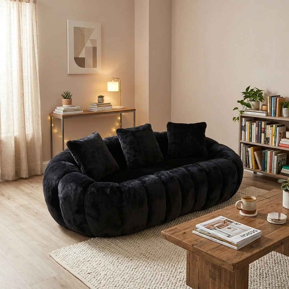 Black plush faux fur loveseat sofa in modern living room