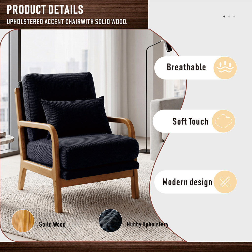 Black upholstered accent armchair with solid wood armrests