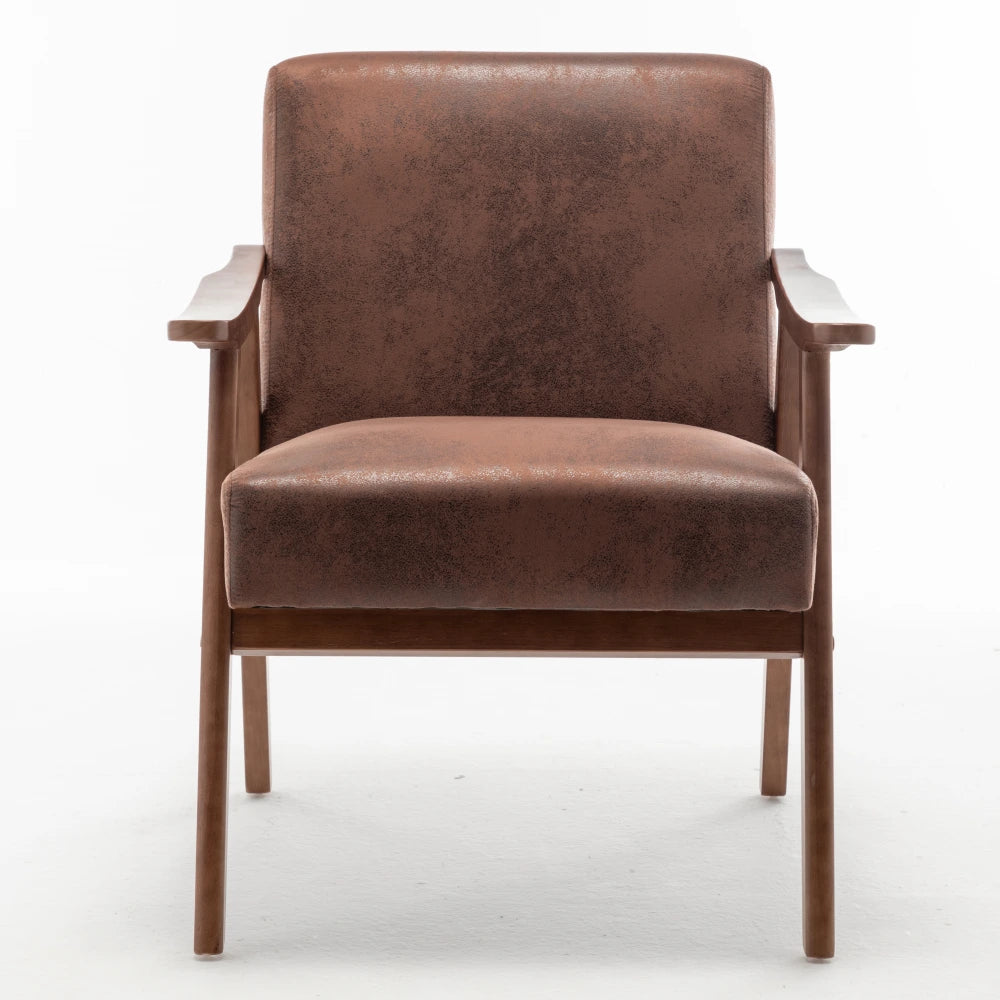 Brown fabric mid-century modern solid wood accent chair, front view