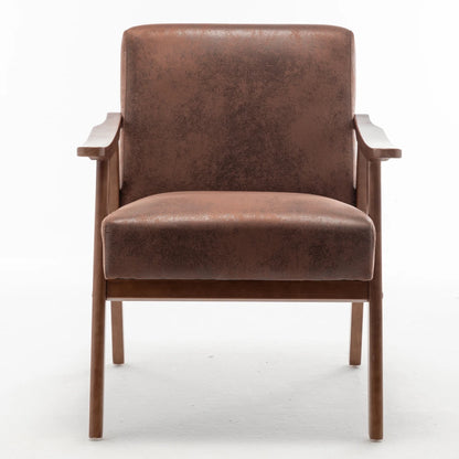 Brown fabric mid-century modern solid wood accent chair, front view