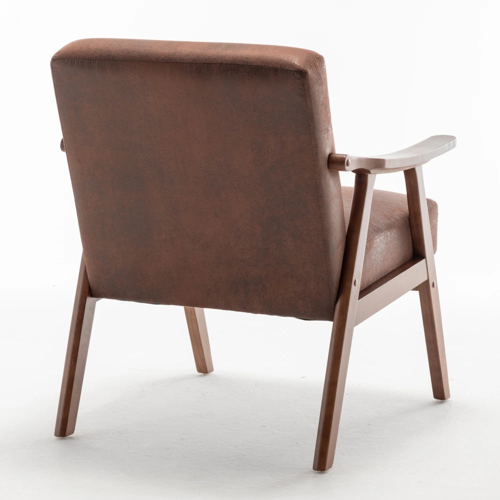 Brown fabric mid-century modern solid wood accent chair, rear view
