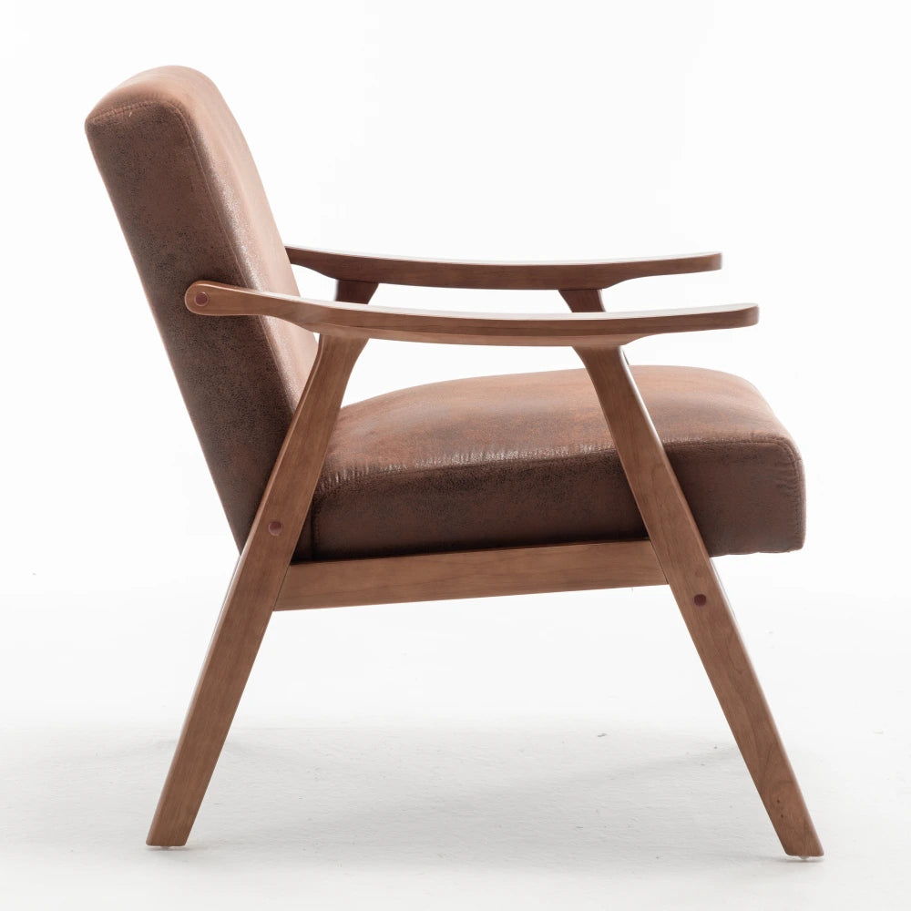 Brown fabric mid-century modern solid wood accent chair, side view