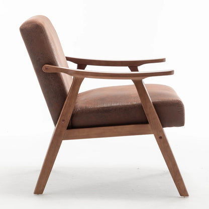 Brown fabric mid-century modern solid wood accent chair, side view
