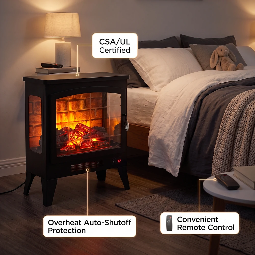 CSA UL certified electric fireplace heater in bedroom with overheat auto shutoff and remote control