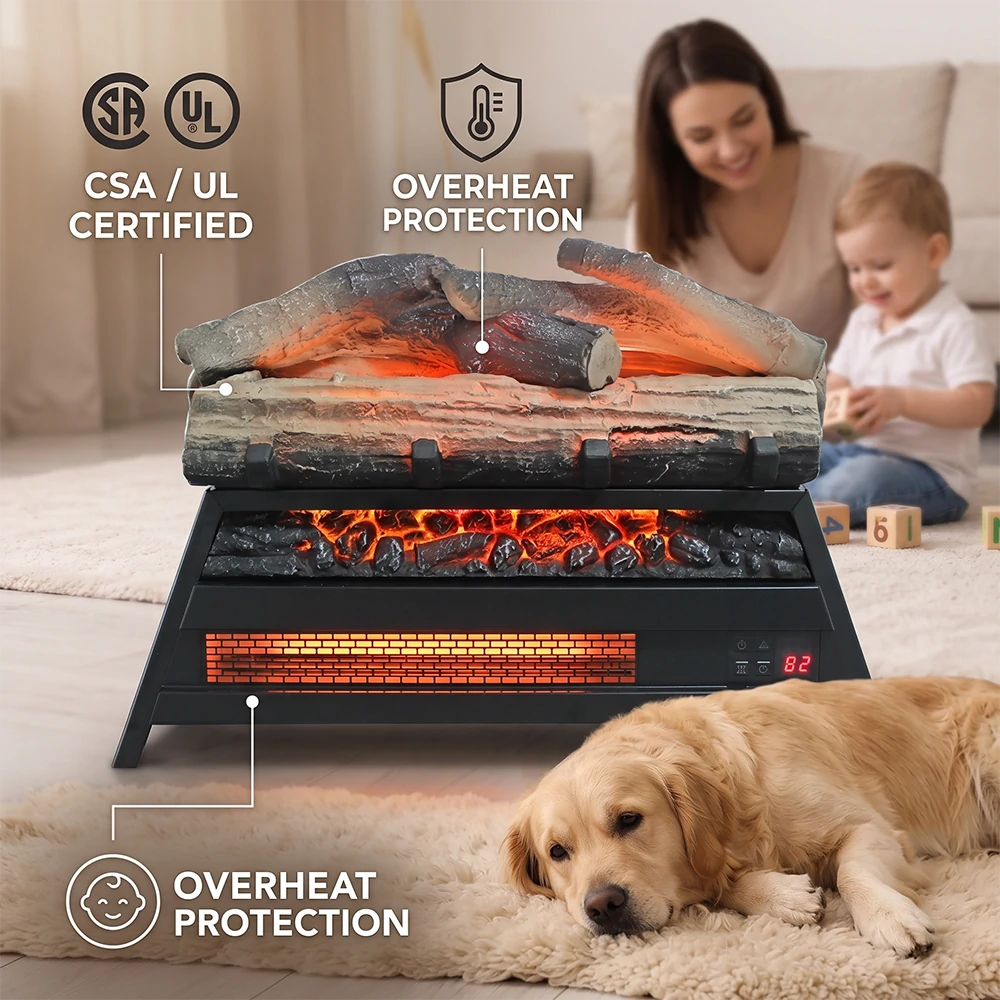 CSA and UL certified electric fireplace heater with overheat protection for pets and kids