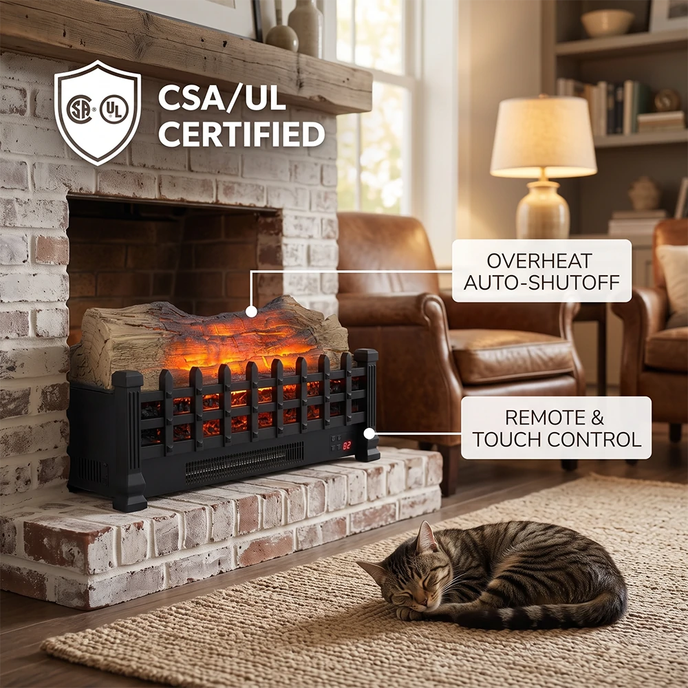 CSA and UL certified electric fireplace insert with overheat shutoff safe for pets