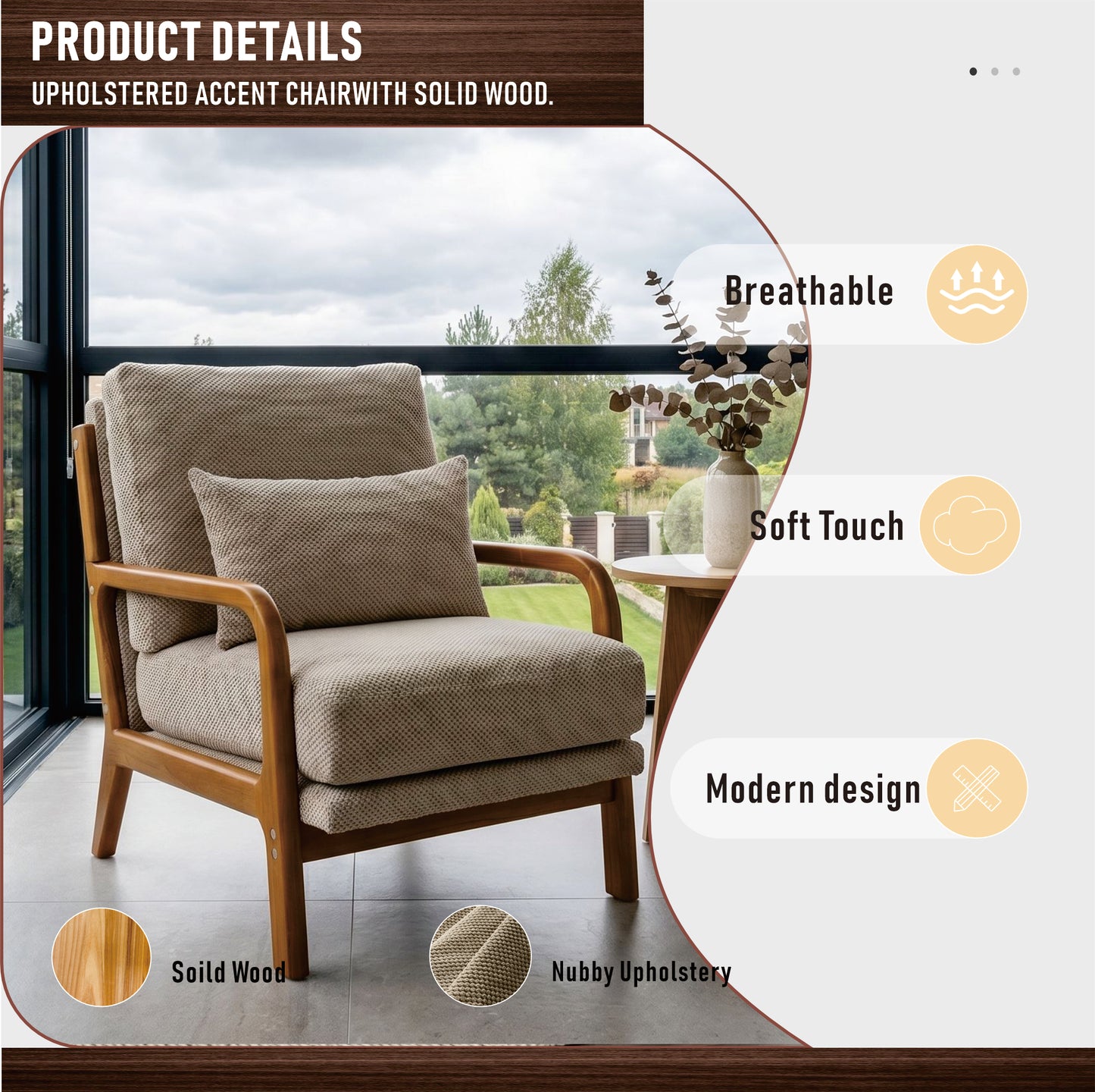 Camel mid-century modern accent chair with solid wood frame