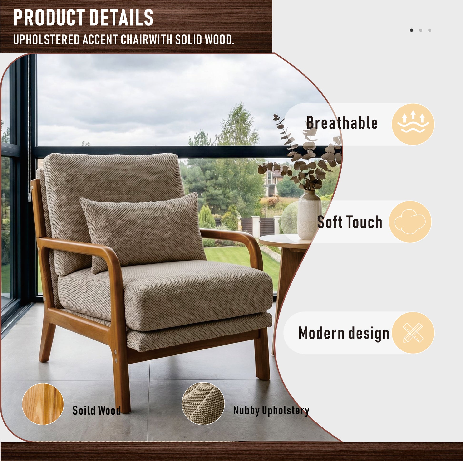 Camel mid-century modern accent chair with solid wood frame