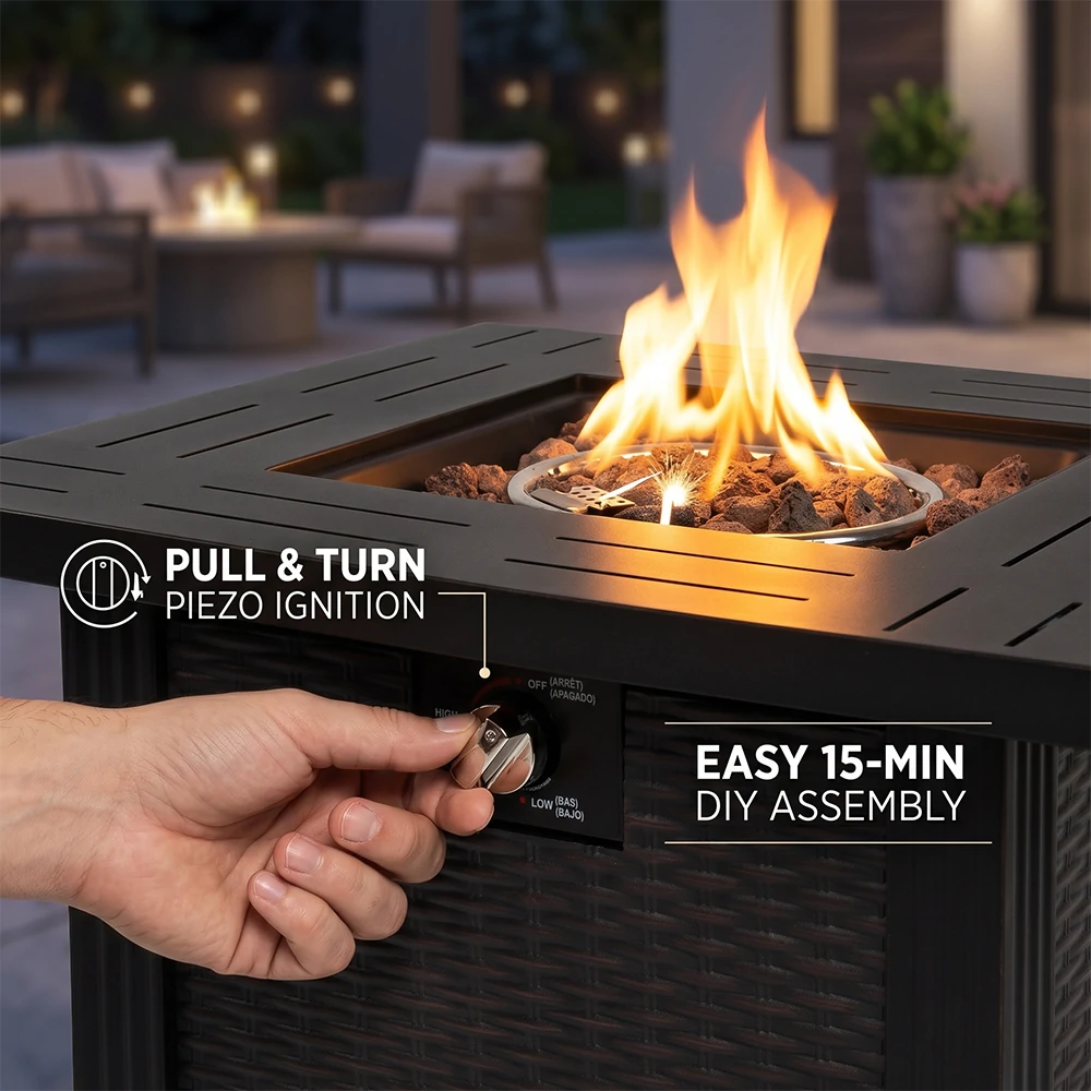Close-up of piezo ignition control knob on black steel fire pit table