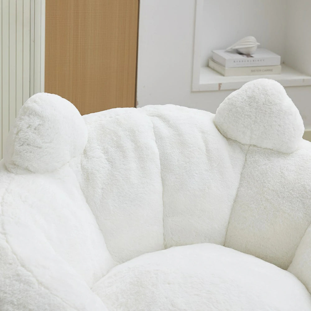 Close-up of plush cat ears backrest on white faux fur bean bag chair