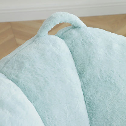 Close up of top handle on light blue faux fur bean bag chair